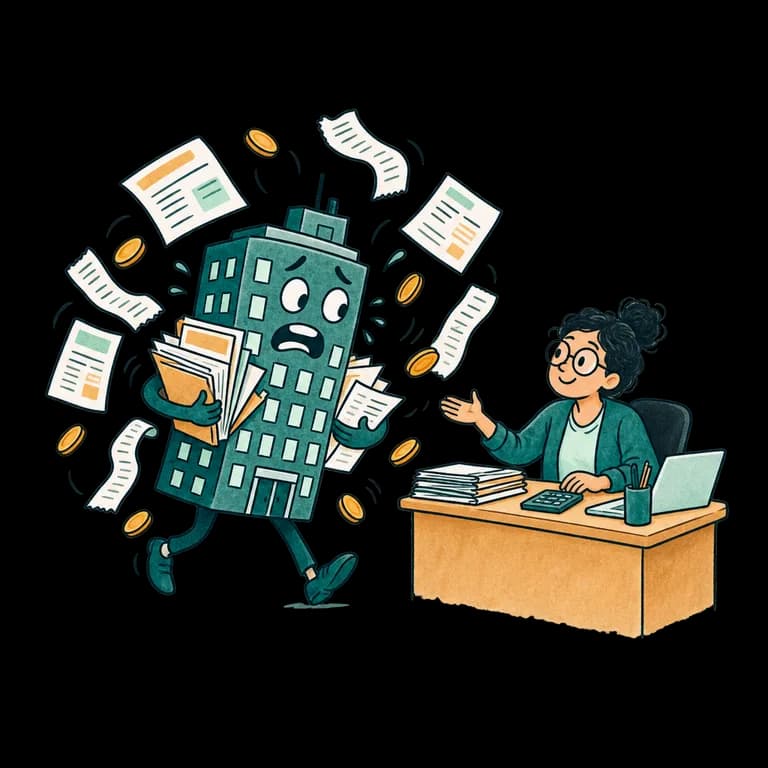 A busy company juggling receipts and coins on its way to an accountant