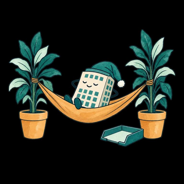 A dormant company resting in a hammock next to an empty in-tray