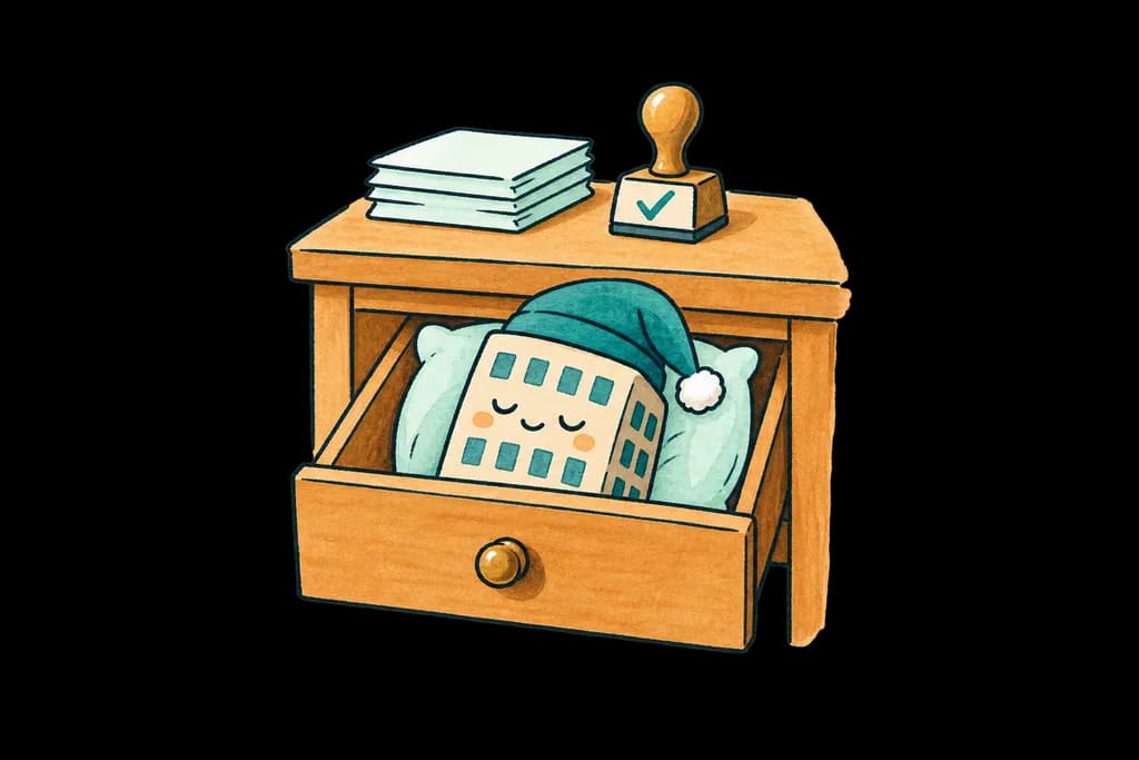 A company asleep in a desk drawer, finished documents on the desk and a letter flying to the tax office